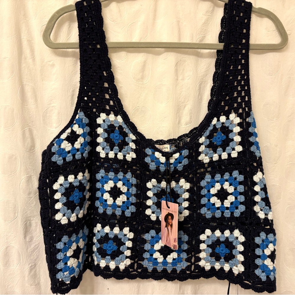 Sincerely Jules Granny Square Knit Crop Tank Top SZ XL. Blue Boho Hippie.NWT.